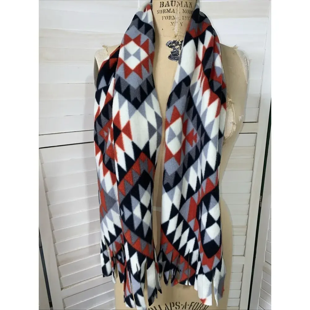 Fleece Fringe Wrap Scarf Native American Aztec Print 55” X 13.5”